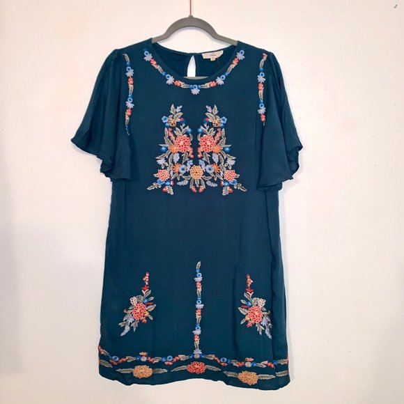 Anthropologie Dresses & Skirts - Entro Emerald Embroidered Crew Neck Boho Dress Med